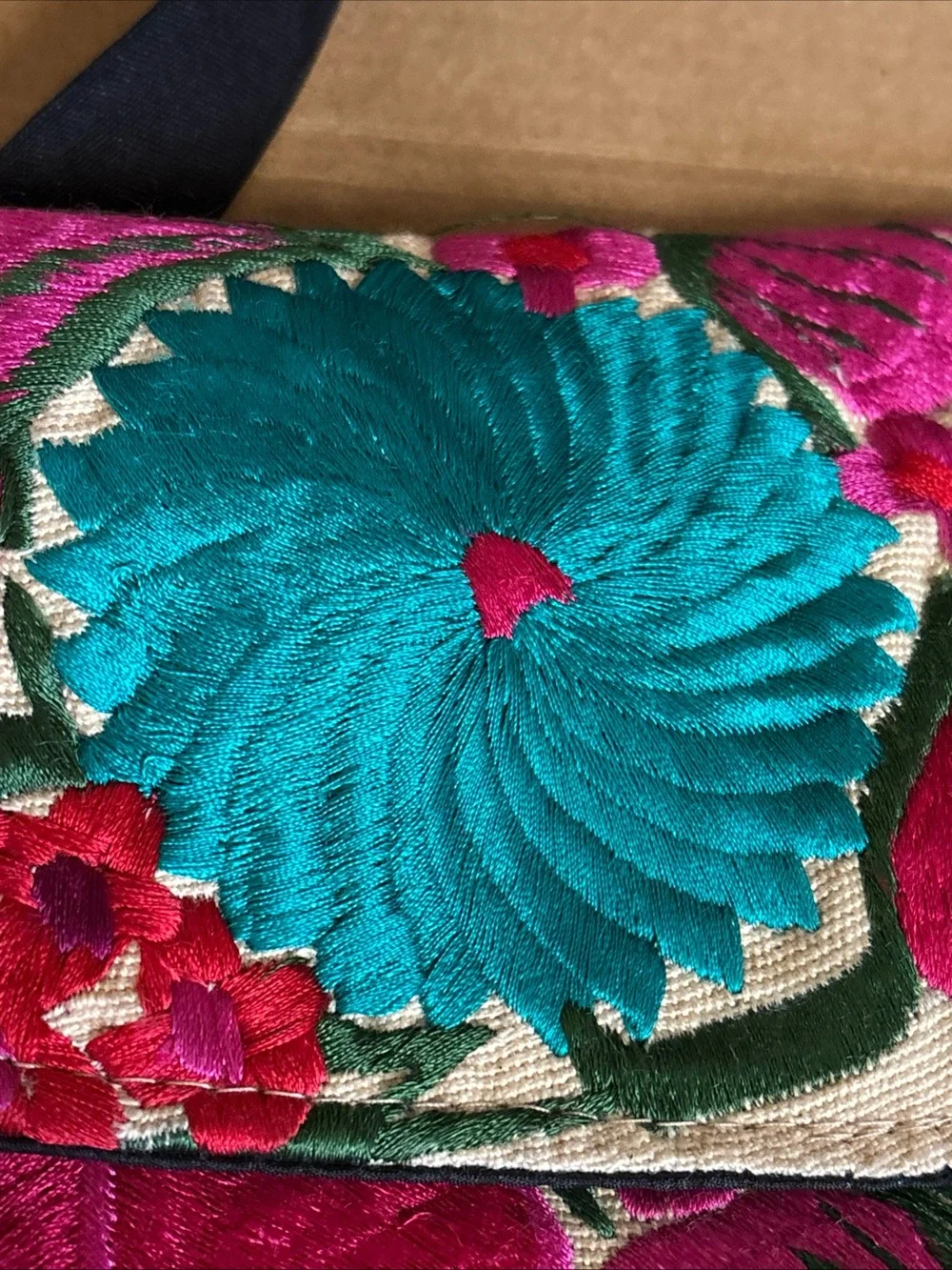 Mexican Boho Embroidered Floral Crossbody Bag in Pink & Teal w defects vintage - Picture 12 of 16